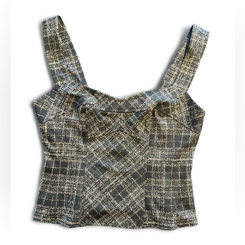 Nanette Lepore Plaid Tweed Bustier Top Size 2 Zip Back Lined Structured